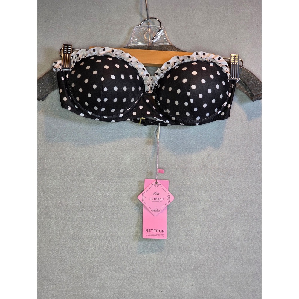 RETERON Polka Dot Ruffle Bikini Top Black White 34B Underwire Bandeau NWT
